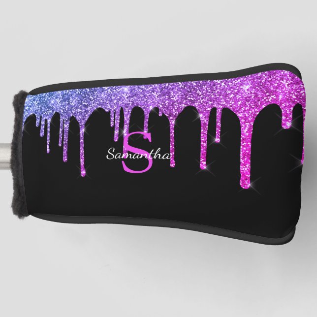 Lila Pink Blue Glitzer Tropfen Monogramm Name Golf Headcover (Vorderseite)