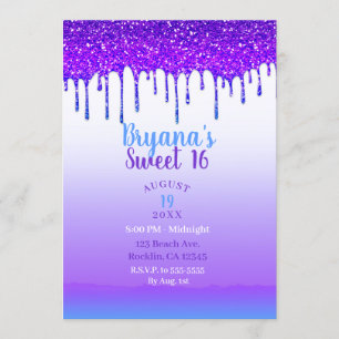 Lila Pink & Blue Glitzer Tropfen Sweet 16 Party Einladung