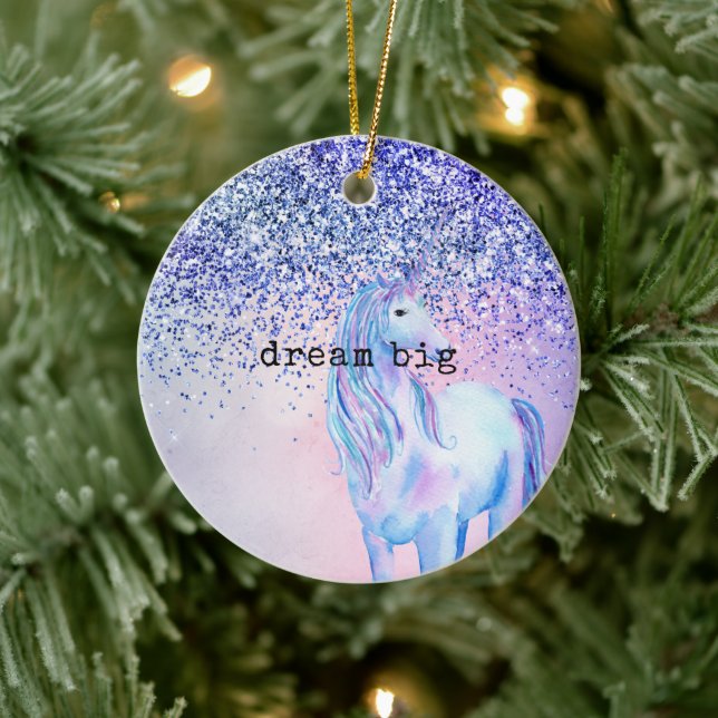 Lila Pink Blue Ombre Glitzer Unicorn Keramik Ornament (Baum)