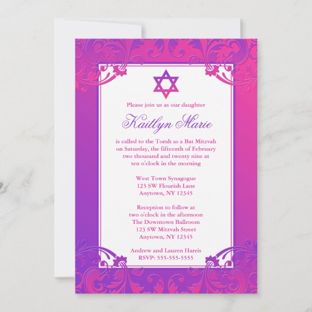 Lila Pink Blüh Bat Mitzvah Einladungen (Vorderseite)