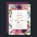 Lila Pink Boho Feather Floral Gold 60. Geburtstag Einladung<br><div class="desc">Lila,  bordeauxrot und rot-rosa Blütenpracht,  Federn und Pfeil mit goldenem Glitzer 60. Geburtstagsfeier. Kontaktieren Sie uns für Hilfe bei der Anpassung oder um passende Produkte anzufordern.</div>