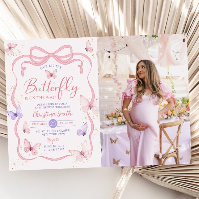 Lila Pink Bow Little Butterfly Baby Duschbad Foto Einladung (Von Creator hochgeladen)