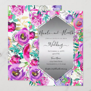 Lila Pink Bright Floral Wasserfarbenhochzeit Einladung