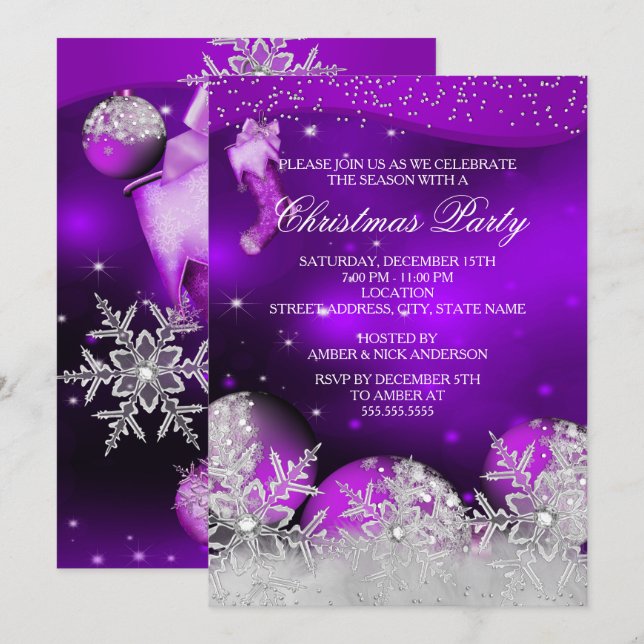Lila Pink Crystal Snowflake Weihnachts-Party Einladung (Vorne/Hinten)