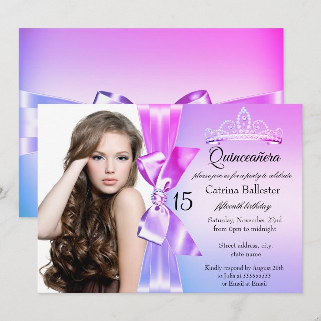 Lila Pink Diamond Bow Tiara Quinceanera Einladung (Vorne/Hinten)