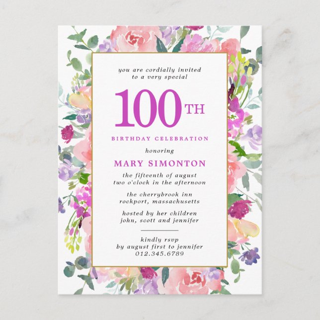 Lila Pink Floral 100. Geburtstag Einladungspostkarte (Vorderseite)