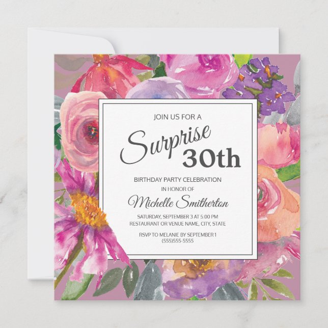 Lila Pink Floral 30. Überraschung Geburtstag Einladung (Vorderseite)