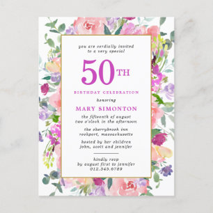 Lila Pink Floral 50. Geburtstag Einladungspostkarte
