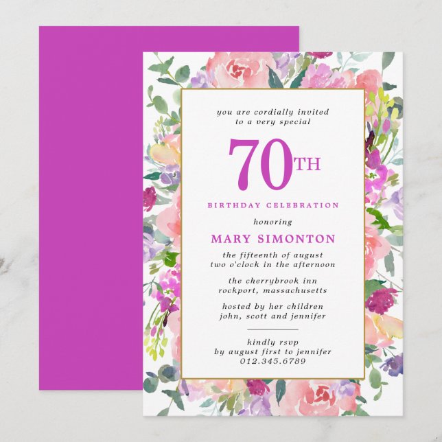 Lila Pink Floral 70. Geburtstag Einladung (Vorne/Hinten)