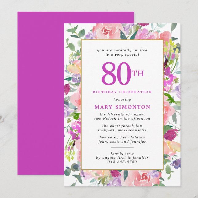 Lila Pink Floral 80. Geburtstag Einladung (Vorne/Hinten)