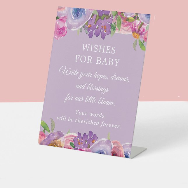 Lila Pink Floral Baby Dusche Wünsche für Baby Sockelschild (Purple and pink watercolor floral "Little bloom" baby shower Wishes for baby sign)