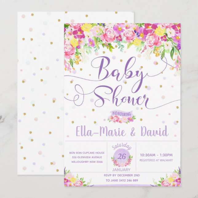 Lila Pink Floral Baby Shower Invitation Girl Einladung (Vorne/Hinten)