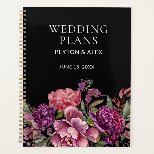 Lila Pink Floral Black Botanical Wedding Plans Planer (Vorderseite)