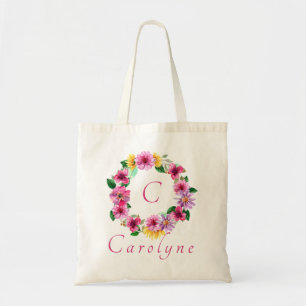 Lila Pink Floral Bridesmaid Monogramm Name Tragetasche