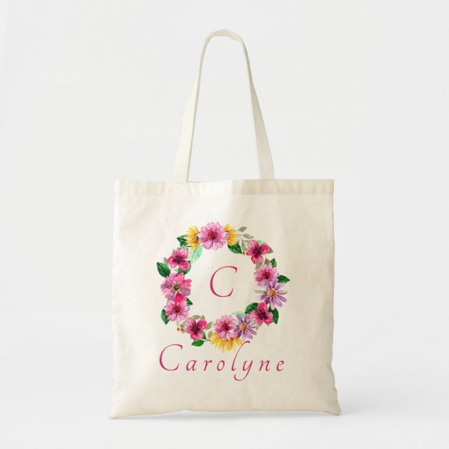 Lila Pink Floral Bridesmaid Monogramm Name Tragetasche (Vorne)
