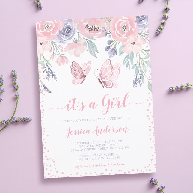 Lila Pink Floral Butterfly Girl Babydusche Einladung (Von Creator hochgeladen)