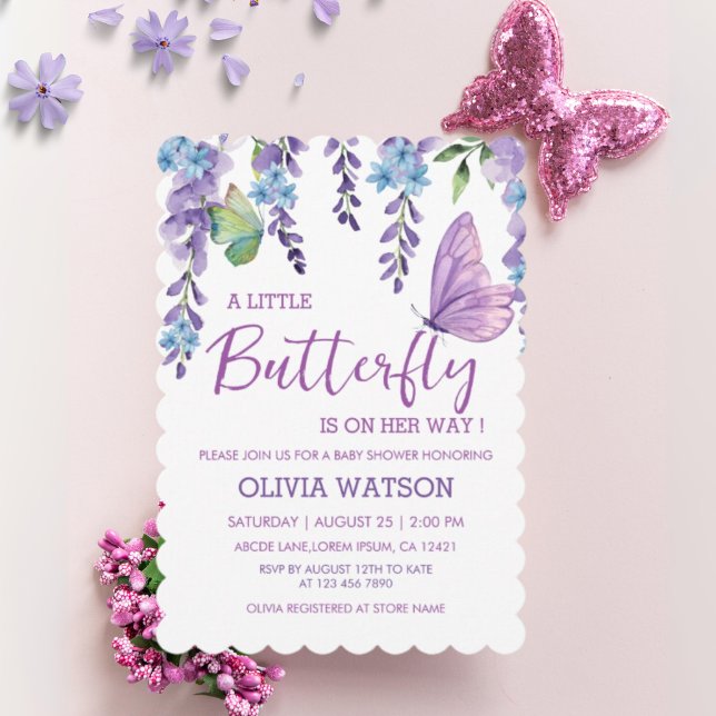 Lila Pink Floral Butterfly Girl Babydusche Einladung (Von Creator hochgeladen)