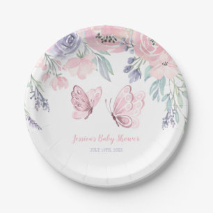 Lila Pink Floral Butterfly Girl Babydusche Pappteller