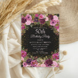 Lila Pink Floral Glitzer Schwarz 50. Geburtstag Einladung<br><div class="desc">Elegantes und romantisches Rosa und lila Aquarell Vintage Rose/Blumen und Blätter auf schwarz angepasste 50. Geburtstagsfeier mit goldenem Glitzer. Personalisiert mit dem Namen des Ehrengast.</div>