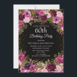 Lila Pink Floral Glitzer Schwarz 60. Geburtstag Einladung<br><div class="desc">Elegantes und romantisches Rosa und lila Aquarell Vintage Rose/Blumen und Blätter auf schwarz angepasste 60. Geburtstagsfeier Einladung mit goldenem Glitzer. Personalisiert mit dem Namen des Ehrengast.</div>