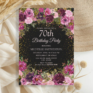 Lila Pink Floral Glitzer Schwarz 70. Geburtstag Einladung