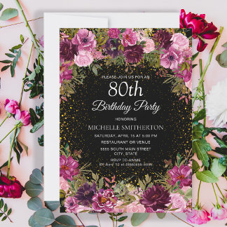 Lila Pink Floral Glitzer Schwarz 80. Geburtstag Einladung