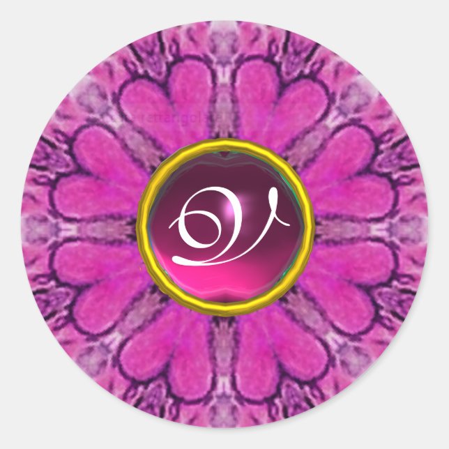 LILA PINK FLORAL HEARS GEMSTONE MONOGRAM RUNDER AUFKLEBER (Vorderseite)
