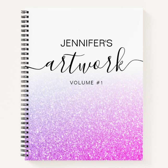 Lila Pink Glitzer Girly Ombre Sketchbook Name Notizbuch (Vorderseite)