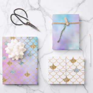 Lila Pink Gold Aqua Glitzer Meerjungfrau Sparkasse Geschenkpapier Set