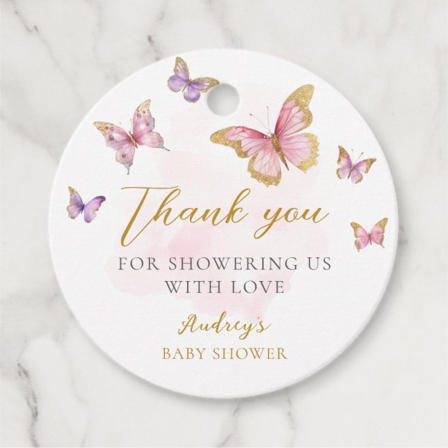 Lila Pink Gold Butterfly Girl Babydusche Geschenkanhänger (Vorderseite)