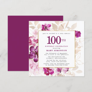 Lila Pink Gold Floral 100. Geburtstag Einladung
