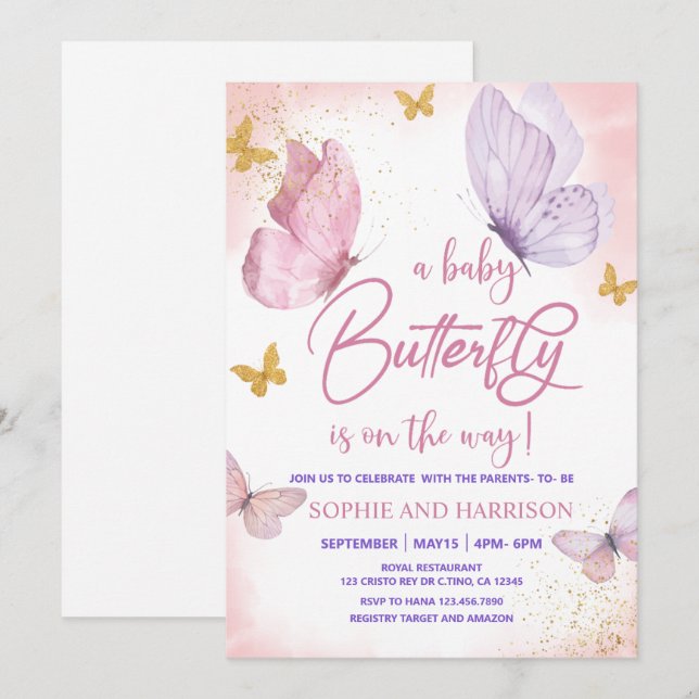 Lila Pink Gold Glitzer Butterfly Baby Dusche Einladung (Vorne/Hinten)