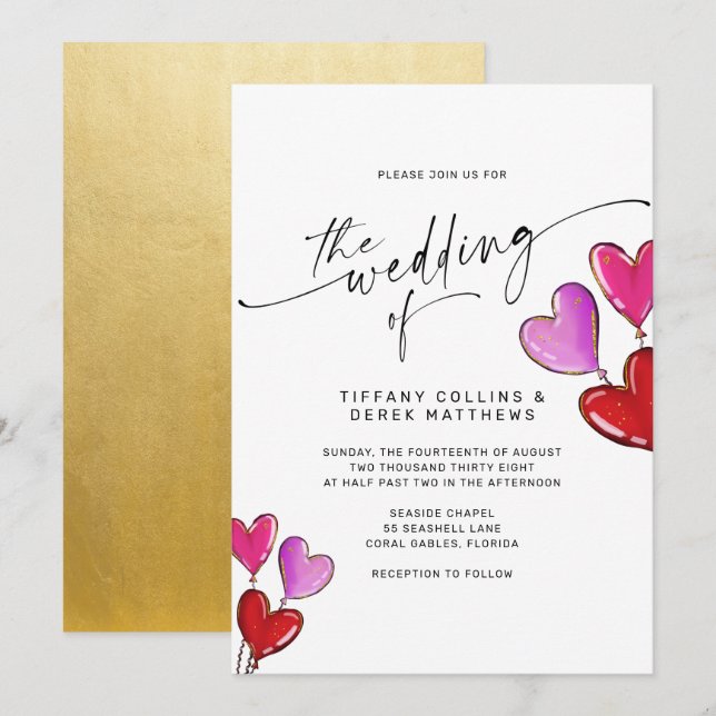 Lila Pink Gold Herzblasen Einladung Hochzeit (Vorne/Hinten)