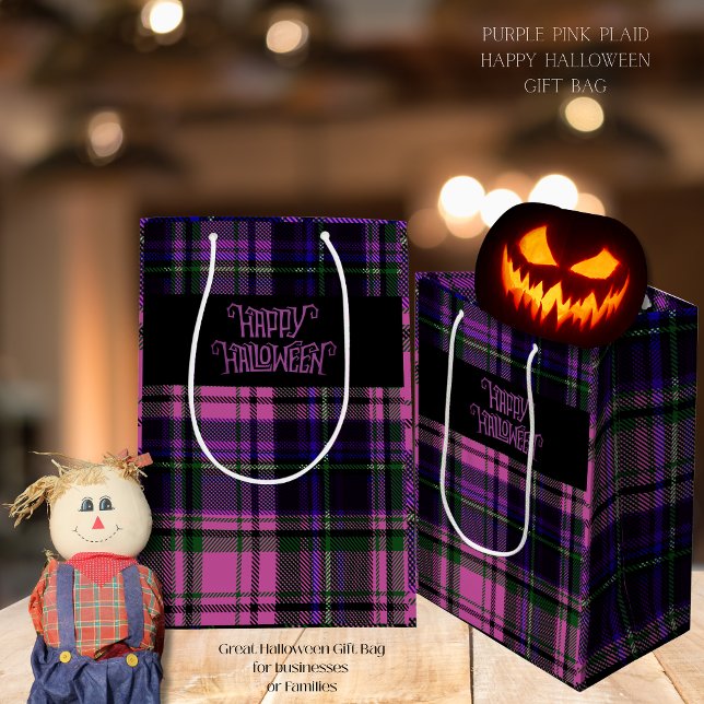Lila Pink Happy Halloween Karierter Geschenkbeutel Mittlere Geschenktüte (Purple Pink Happy Halloween Plaid Gift Bag)