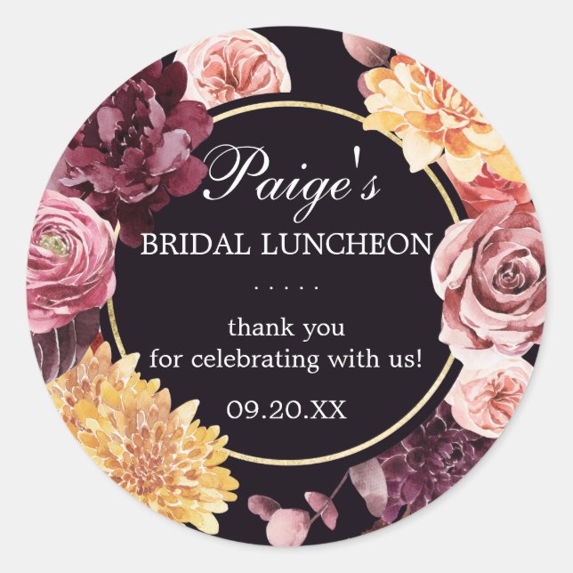 Lila Pink Herbst Floral Bridal Luncheon Runder Aufkleber (Vorderseite)
