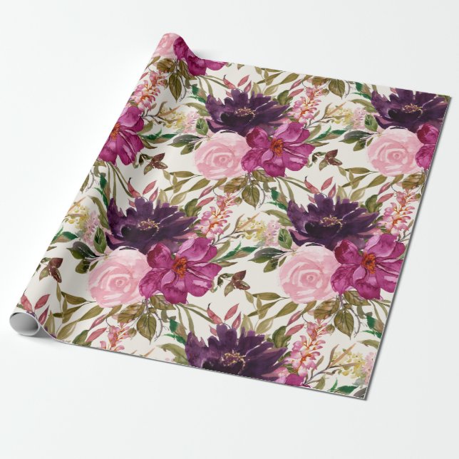 Lila Pink Magenta Wasserfarben Botanische Flora Geschenkpapier (Ungerollt)