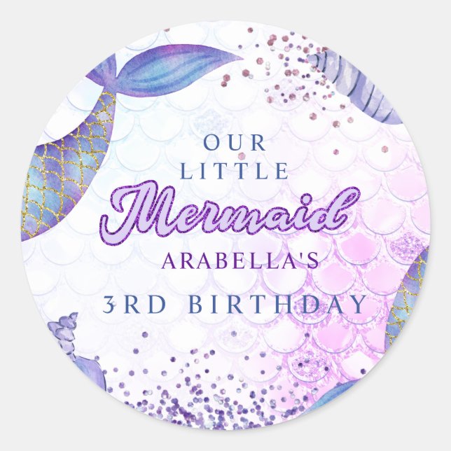 Lila Pink Modern Glitzern Mermaid Birthday Runder Aufkleber (Vorderseite)