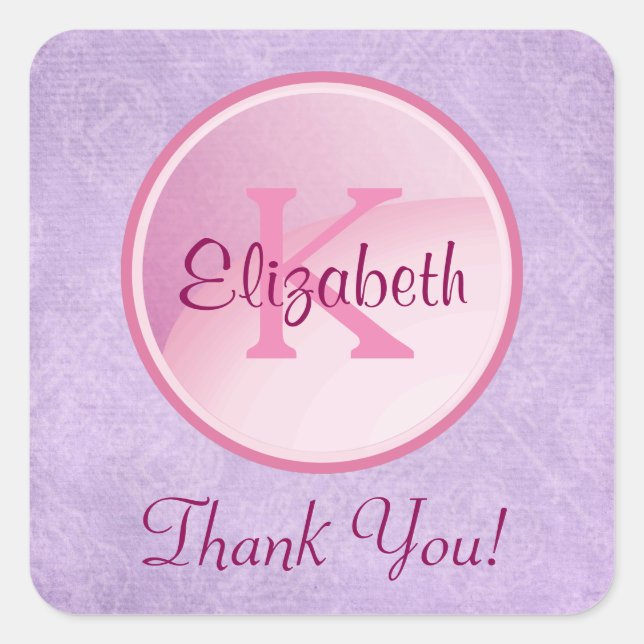 Lila Pink Monogram Circle on Lavender Vielen Dank Quadratischer Aufkleber (Vorderseite)