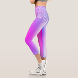Lila Pink Neon Glitzer Sparkone Tropfen Tanzt Part Capri Leggings