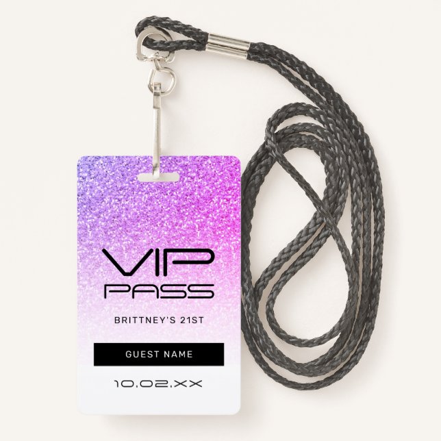 Lila Pink Ombre Glitzer VIP Pass Party laden Ausweis (Vorderseite mit Schlüsselband)