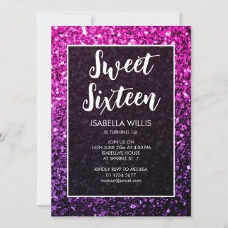 Lila Pink Ombre Glitzern Sweet 16 elegante Drehbuc Einladung