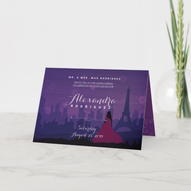 Lila Pink Paris Feuerwerk Quinceañera Einladung (Vorderseite)