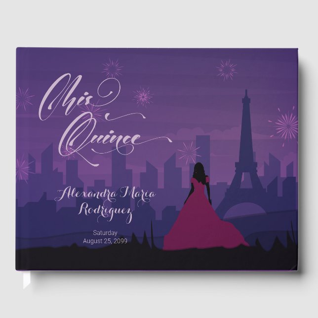 Lila Pink Paris Feuerwerk Quinceañera Gästebuch (Vorderseite)