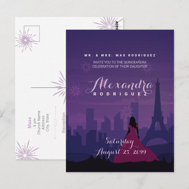 Lila Pink Paris Feuerwerk Quinceañera Postkarte (Vorne/Hinten)