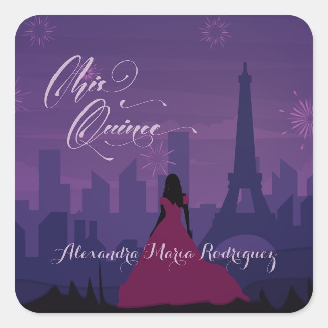 Lila Pink Paris Feuerwerk Quinceañera Quadratischer Aufkleber (Vorderseite)