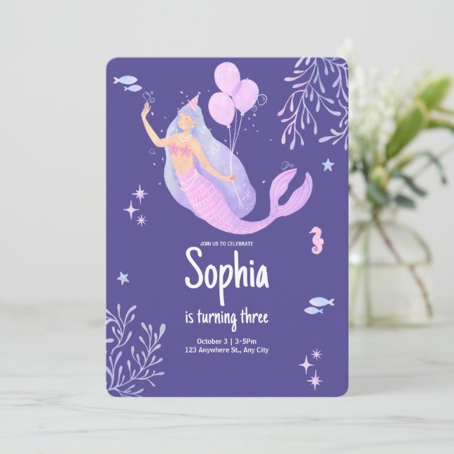 Lila Pink Pastell Mermaid Geburtstag Einladung (Stehend Vorderseite)