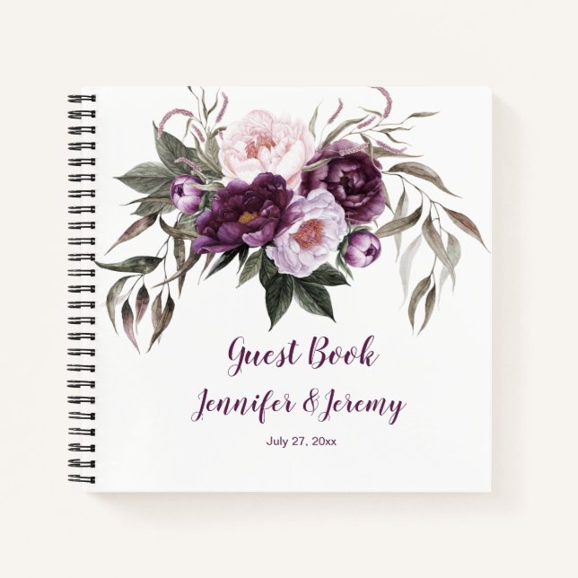 Lila Pink Peonies Grünes Gästebuch Notizbuch (Vorderseite)