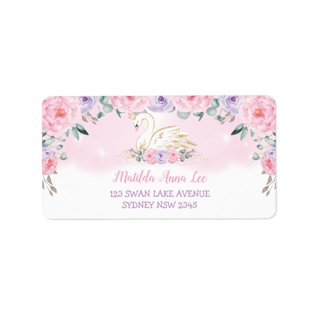 Lila Pink Peonies Swan Princess Rücksendeadresse Adressaufkleber (Vorne)