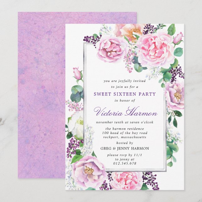 Lila Pink Peony Rose Blumensaft 16 Party Einladung (Vorne/Hinten)