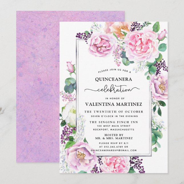 Lila Pink Peony Rosen Floral Quinceanera Einladung (Vorne/Hinten)